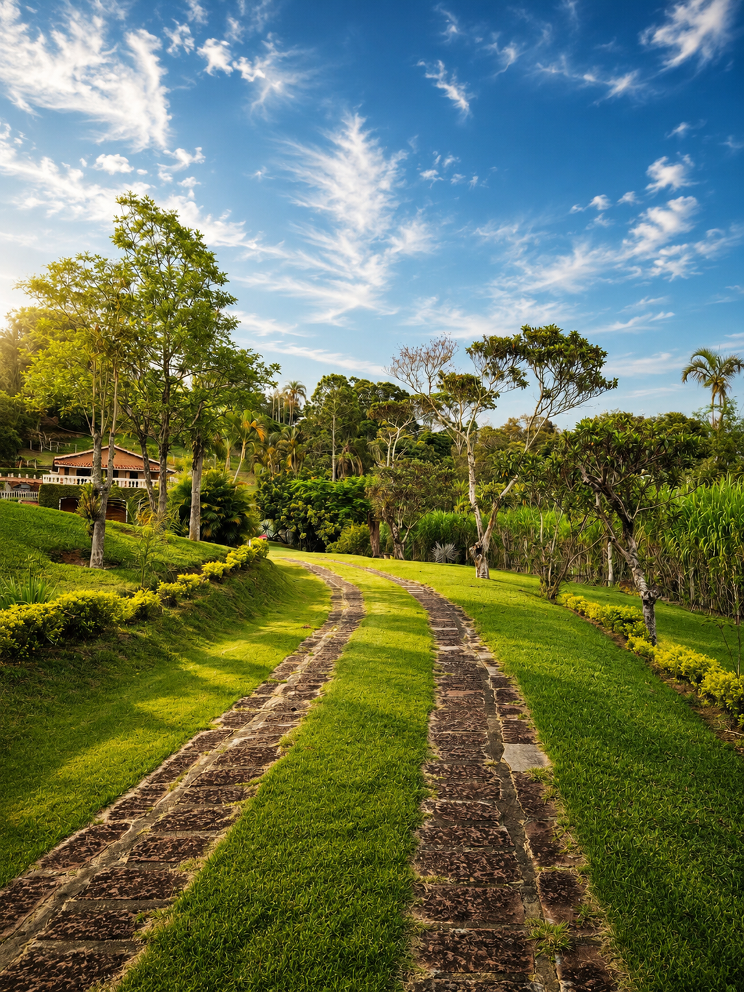 Caminho de pedras entre árvores e jardins do Sítio Pomodoro