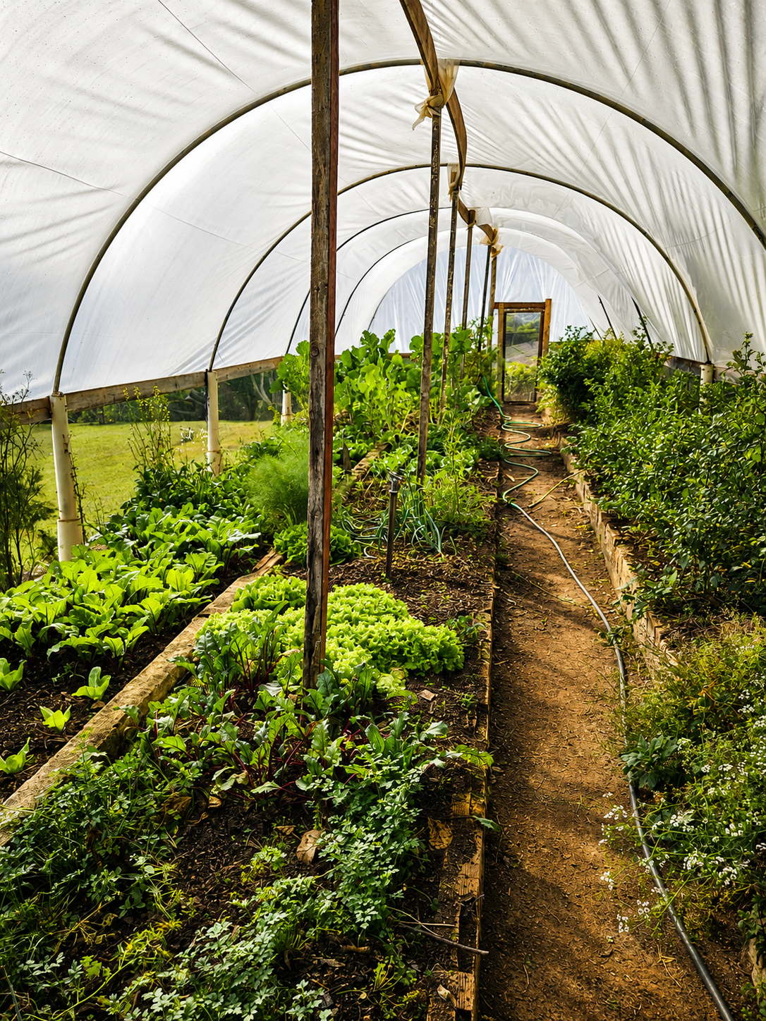 Interior da estufa com canteiros e plantas cultivadas
